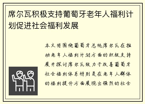 席尔瓦积极支持葡萄牙老年人福利计划促进社会福利发展