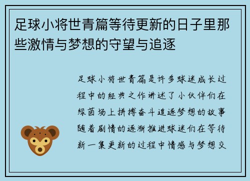足球小将世青篇等待更新的日子里那些激情与梦想的守望与追逐